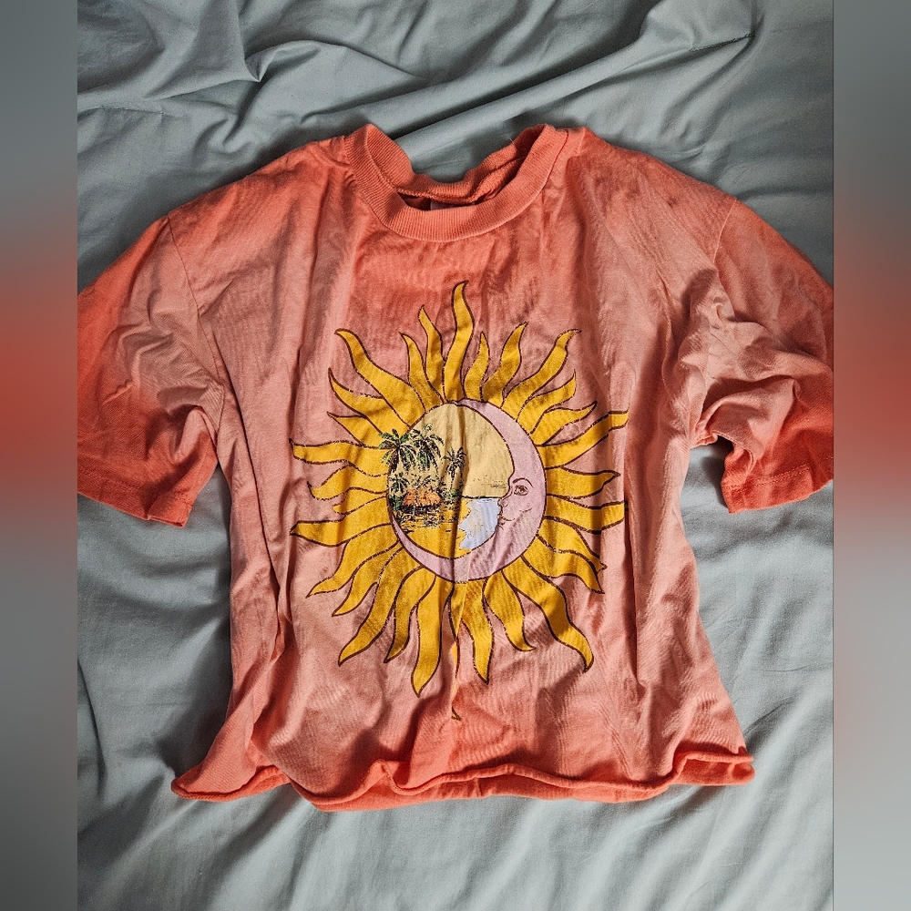 No Boundaries Orange Cropped Shirt with sun design